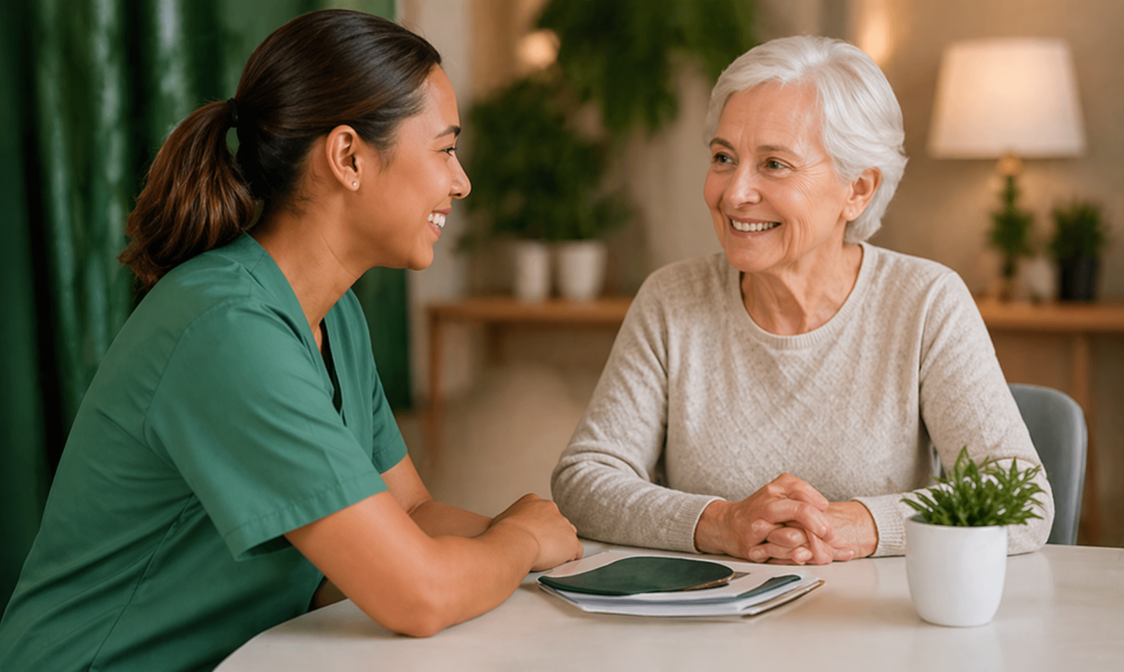 Caregiver speaking with senior at home